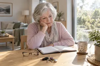 Femme âgée assise seule à une table, pensive devant un agenda, lunettes et clés posées à côté, lumière douce à travers une grande fenêtre, ambiance paisible et intime.