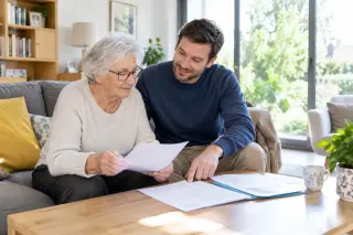 Elderly woman and her adult son sitting together on a sofa in a sunlit, modern living room, reviewing documents with a supportive atmosphere.